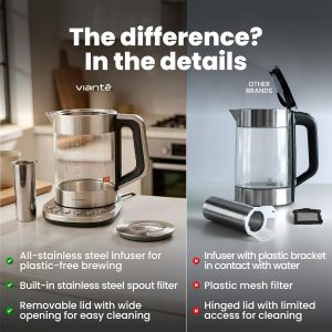 Viante Electric Kettle With Infuser. No Plastic In Contact With Water. Hot Tea Maker With Temperature Control And Automatic Shut Off. Tea Kettle With Brewing Programs. 1.5 Liters Capacity