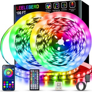 Leeleberd - Tira de luces LED para dormitorio de 100 pies (2 rollos de 50 pies) con sincronización de música, cambio de color, tira de luces LED RGB con control remoto, aplicación y Bluetooth, luces