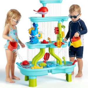 Mesa de arena y agua de 4 niveles para niños pequeños, mesa de juego de arena y agua al aire libre para niños y niñas, mesa sensorial de verano para fiestas, regalo de cumpleaños para niños de