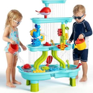 Mesa de arena y agua de 4 niveles para niños pequeños, mesa de juego de arena y agua al aire libre para niños y niñas, mesa sensorial de verano para fiestas, regalo de cumpleaños para niños de