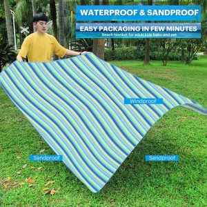 RUIBOLU Large Picnic Blanket, Beach Blankets(80X60) Inch Sandproof Beach Mat for 3-5 Adults Waterproof Quick Drying Outdoor Picnic Mat for Travel Camping Park Lawn (Blue Stripes)