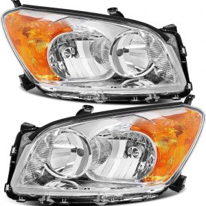 Conjunto de faros delanteros compatible con Toyota RAV4 2009-2012 cromo con ámbar juego de par de faros delanteros de repuesto para lado del conductor y del pasajero