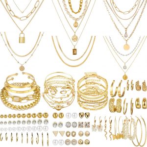 NEWITIN 69 Pieces Gold Jewelry Set for Women Fashion Costume Jewelry Gold Plated Necklace Bracelet Earrings Set for Women
