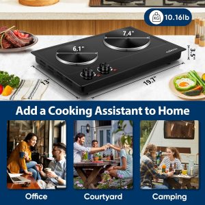 CUSIMAX Hot Plate, 1800W Electric Burner Double Hot Plate for Cooking Countertop Burner with Adjustable Temperature Control, Portable Electric Cast Iron Hot Plates Cooktop, Easy to Clean, Black