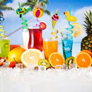 24-Piece Beach Theme Reusable Shape Straws - 8 Color Set with 2 Cleaning Brushes - Perfect for Summer Parties & Birthdays