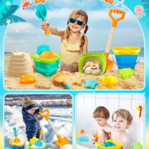 Collapsible Beach Sand Toys for Kids Toddlers, Collapsible Sand Bucket with Sifter Shovels Set with Mesh Bag and Sand Molds, Travel Beach Sandbox Toys for Boys Girls 3 4 5 6 7 8 9 10