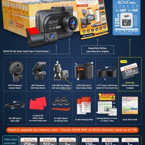 ROVE R2-4K DUAL Dash Cam Front and Rear, STARVIS 2 Sensor, FREE 128GB Card Included, 5G WiFi - up to 20MB/s Fastest Download Speed with App, 4K 2160P/FHD Dash Camera for Cars, 3" IPS, 24H Parking Mode