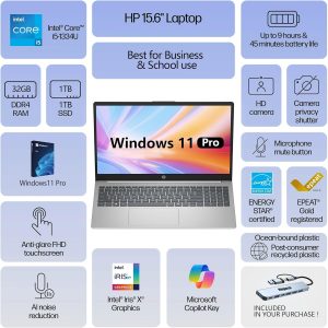 HP 15.6" FHD Touch Laptop, Intel i5, 32GB RAM, 1TB SSD, Windows 11 Pro, Wi-Fi 6, Flagship Business Laptop Bundle with Docking Station – Natural Silver