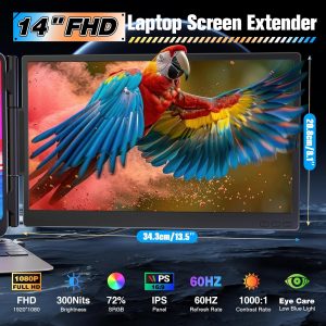 Laptop Screen Extender 14", Ultra Thin 0.27'' FHD 1080P Portable Monitor for Laptop 13-17.3", Plug n Play Extra Monitor Extender, Eye Care Second Screen for MacBook/Windows/Android/Switch/PS5