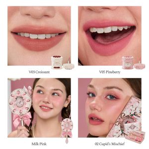 Flower Knows Cake Charm Set,Strawberry Cupid 12-Piece Makeup Gift Box Set,Lip Cream+Liquid Blush+Makeup Palette+Hand Mirror+Solid Perfume+Hair Clip+Cushion Powder Puff+Eyeshadow Brush+Gift Box