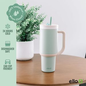 Ello Oasis Vaso de 40 onzas con asa y popote retráctil | Vaso reutilizable aislado de acero inoxidable 100% a prueba de fugas, regalos para adolescentes, mujeres y hombres | Se mantiene el frío