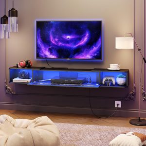 HOOBRO Floating TV Stand with LED Light Power Outlet for TVs up to 75”, Wall Mounted TV Shelf, Modern Media Console Entertainment Center Under TV, for Living Room Bedroom, Black BK36UDDS01G1