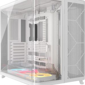 CORSAIR AIR 5400 LX-R RGB iCUE Link - Carcasa panorámica de PC de torre media de triple cámara - 3 ventiladores LX-R RGB de rotor inverso preinstalados, conductos de bajo ruido y alto flujo de aire