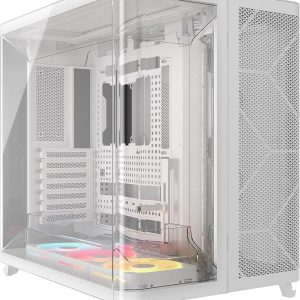 CORSAIR AIR 5400 LX-R RGB iCUE Link - Carcasa panorámica de PC de torre media de triple cámara - 3 ventiladores LX-R RGB de rotor inverso preinstalados, conductos de bajo ruido y alto flujo de aire