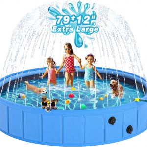 EPN Large Foldable Dog Pool – 0.55MM PVC 2-in-1 Portable Bathtub & Sprinkler for Dogs, Cats, Kids – Heavy Duty, Non-Slip, Summer Water Toy (79 in)