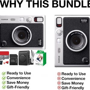 Fujifilm Instax Mini EVO Hybrid Instant Camera (Black) Bundle with Instax-Mini Twin Pack Instant-Film 20 Sheets + 32GB Memory Card + Vintage Black Mini-Evo Camera Case + Cleaning Cloth