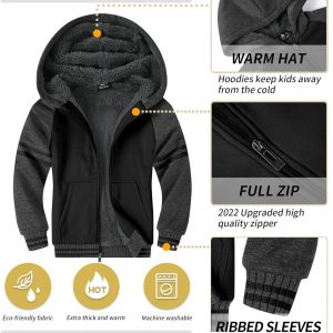 ZITY Boys Zip Up Hoodie Fleece Jacket Kids Sherpa Lined Sweatshirts Outerwear Unisex Warm Winter Coat 6-15 Years Old