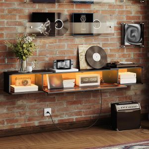 HOOBRO Floating TV Stand with LED Light Power Outlet for TVs up to 75”, Wall Mounted TV Shelf, Modern Media Console Entertainment Center Under TV, for Living Room Bedroom, Black BK36UDDS01G1