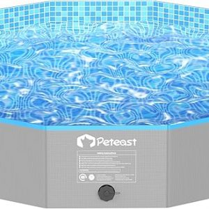 Peteast Piscina plegable para perros con diseño redondo resistente, bañera portátil extra grande para mascotas, diseño portátil duradero de 64 pulgadas de diámetro para patio trasero e interior (incluye 2 discos voladores)