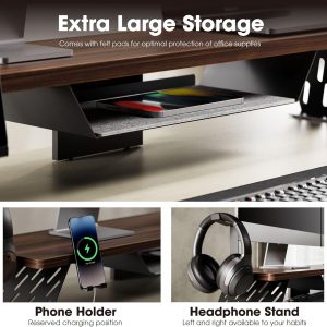 Fenge Dual Monitor Stand, 42.5 Inch Monitor Riser for Desk, Wood Desk Shelf for 2 Monitors, 2 Tier Monitor Shelf with Headphone Stand & Phone Holder