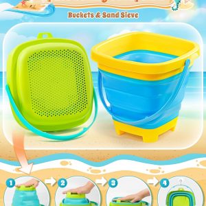 Collapsible Beach Sand Toys for Kids Toddlers, Collapsible Sand Bucket with Sifter Shovels Set with Mesh Bag and Sand Molds, Travel Beach Sandbox Toys for Boys Girls 3 4 5 6 7 8 9 10
