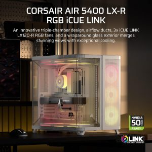 CORSAIR AIR 5400 LX-R RGB iCUE Link - Carcasa panorámica de PC de torre media de triple cámara - 3 ventiladores LX-R RGB de rotor inverso preinstalados, conductos de bajo ruido y alto flujo de aire