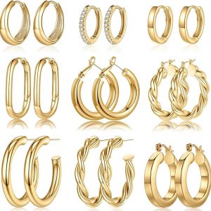 Yesteel 9 pares de arracadas de oro para mujer, chapadas en oro real de 14 quilates, gruesos, hipoalergénicos y ligeros para mujer, regalos de joyería de oro