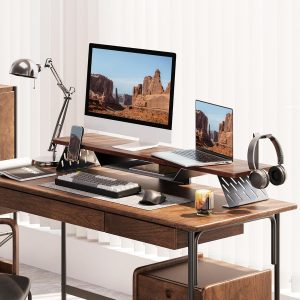 Fenge Dual Monitor Stand, 42.5 Inch Monitor Riser for Desk, Wood Desk Shelf for 2 Monitors, 2 Tier Monitor Shelf with Headphone Stand & Phone Holder