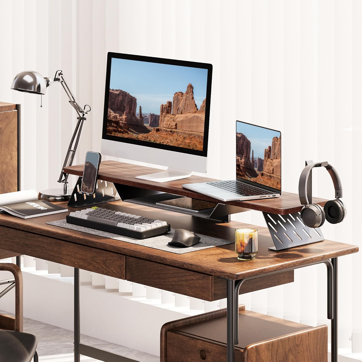 Fenge Dual Monitor Stand, 42.5 Inch Monitor Riser for Desk, Wood Desk Shelf for 2 Monitors, 2 Tier Monitor Shelf with Headphone Stand & Phone Holder