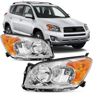 Conjunto de faros delanteros compatible con Toyota RAV4 2009-2012 cromo con ámbar juego de par de faros delanteros de repuesto para lado del conductor y del pasajero