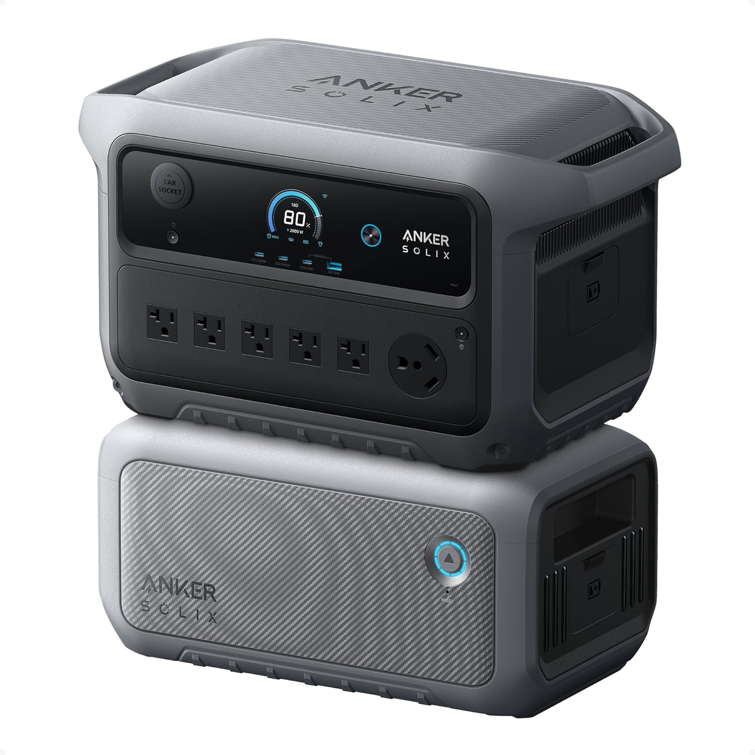 Anker SOLIX C2000 Gen 2 Estación de energía portátil con batería de expansión, generador solar de 2,400 W (pico de 4,000 W), carga completa en 58 min, batería LiFePO4 de 4096Wh para respaldo del hogar