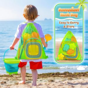 Collapsible Beach Sand Toys for Kids Toddlers, Collapsible Sand Bucket with Sifter Shovels Set with Mesh Bag and Sand Molds, Travel Beach Sandbox Toys for Boys Girls 3 4 5 6 7 8 9 10