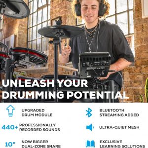 Alesis Nitro Max Kit - Juego de batería eléctrica de 10 piezas con almohadillas de malla silenciosas, caja de doble zona de 10 pulgadas, Bluetooth, más de 440 sonidos, Drumeo, USB MIDI, pedal de bombo