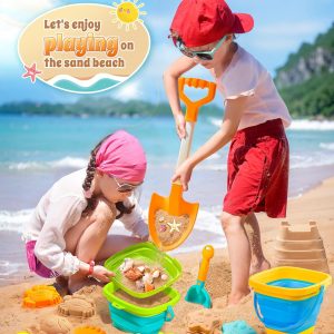 Collapsible Beach Sand Toys for Kids Toddlers, Collapsible Sand Bucket with Sifter Shovels Set with Mesh Bag and Sand Molds, Travel Beach Sandbox Toys for Boys Girls 3 4 5 6 7 8 9 10