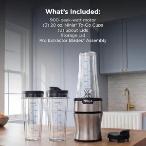 Ninja BN301 Nutri-Blender Plus Compact Personal Blender, 900-Peak-Watt Motor, Frozen Drinks, Smoothies, Sauces & More, (3) 20 oz. To-Go Cups, (2) Spout-Lids (1) Storage-Lid, Dishwasher Safe, Silver