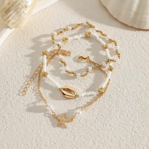 Tobilleras de conchas marinas para mujer, pulseras de estrellas de mar, bohemias, con capas de concha de puka, pulseras hawaianas de verano, playa, cadena de pie