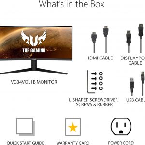 ASUS TUF Gaming VG34VQL1B 34" Monitor curvo HDR, WQHD (3440x1440), 165Hz, 1ms, desenfoque de movimiento extremadamente bajo, FreeSync Premium, cuidado de ojos, DisplayPort HDMI USB, Altura ajustable, DisplayHDR 400, Negro