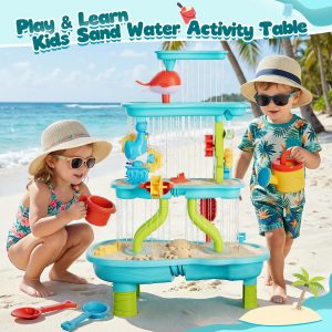 Mesa de arena y agua de 4 niveles para niños pequeños, mesa de juego de arena y agua al aire libre para niños y niñas, mesa sensorial de verano para fiestas, regalo de cumpleaños para niños de