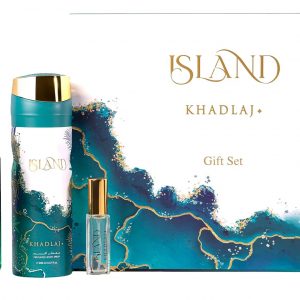 Khadlaj Island - Juego de regalo de 3 piezas unisex (3.4 oz Extrait de Parfum Spray + 6.8 oz Desodorante Spray + Spray de Viaje de 0.27 oz)