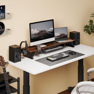 Fenge Dual Monitor Stand, 42.5 Inch Monitor Riser for Desk, Wood Desk Shelf for 2 Monitors, 2 Tier Monitor Shelf with Headphone Stand & Phone Holder