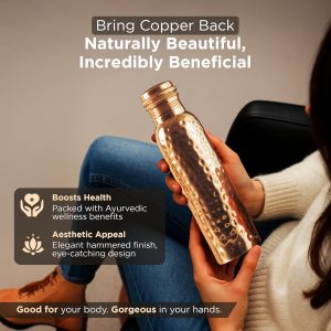 New Launch Copper Water Bottle 34 Ounces | 100% Pure Copper For Ayurveda Health Benifit | Hammered Design Handmade For Drinking Water | Tested Leak Proof Lid