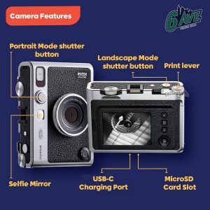 Fujifilm Instax Mini EVO Hybrid Instant Camera (Black) Bundle with Instax-Mini Twin Pack Instant-Film 20 Sheets + 32GB Memory Card + Vintage Black Mini-Evo Camera Case + Cleaning Cloth