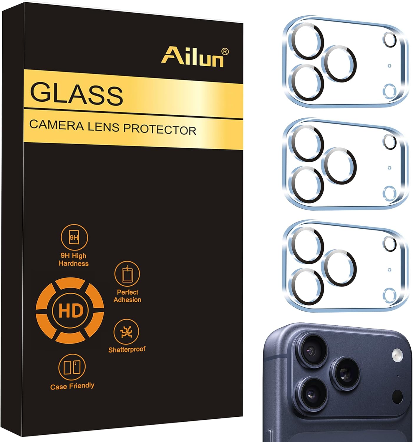 Ailun Paquete de 3 protectores de lente de cámara para iPhone 17 Pro Max, vidrio templado, dureza 9H, Ultra HD, antiarañazos, compatible con fundas, no afecta las tomas nocturnas (no para iPhone 17/17 Pro/iPhone Air)