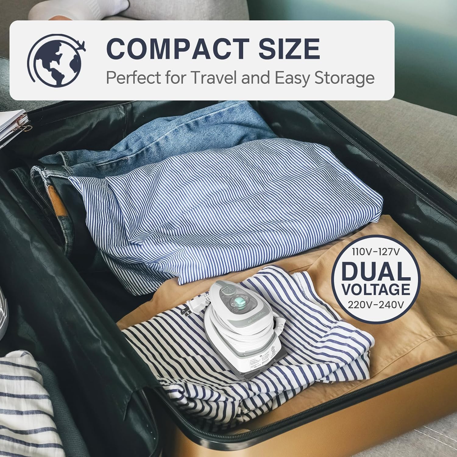 BEAUTURAL Mini plancha de vapor de viaje para ropa con doble voltaje, control de temperatura, suela antiadherente y almacenamiento de cables, ideal para costura, acolchado y manualidades