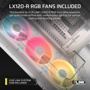 CORSAIR AIR 5400 LX-R RGB iCUE Link - Carcasa panorámica de PC de torre media de triple cámara - 3 ventiladores LX-R RGB de rotor inverso preinstalados, conductos de bajo ruido y alto flujo de aire