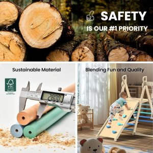 BlueWood 4 in 1 Indoor Jungle Gym, Foldable Wooden Climbing Set with Swing, Slide, Ladder and Climbing Wall, Montessori Philosophy Climber Playset for Kids Aged 2+ (Sky Blue)