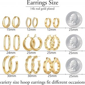 Yesteel 9 pares de arracadas de oro para mujer, chapadas en oro real de 14 quilates, gruesos, hipoalergénicos y ligeros para mujer, regalos de joyería de oro