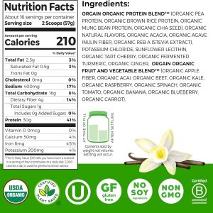 Orgain Orgánico Polvo de Proteína Vegana a Base de Plantas 30g, Vainilla, 9g EAAs + BCAAs, Alta Proteína Vegetal, 4g Prebiótico + Fibra, 1g Azúcar, Pre-Entrenamiento, Apoyo Muscular + Recuperación