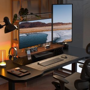 Fenge Dual Monitor Stand, 42.5 Inch Monitor Riser for Desk, Wood Desk Shelf for 2 Monitors, 2 Tier Monitor Shelf with Headphone Stand & Phone Holder