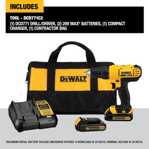 DEWALT 20V Max Cordless Drill Driver Set, 2 Speed, High Performance Motor, Includes 2 XR 1.3Ah Li-Ion Batteries, Charger and Contractor Bag (DCD771C2)